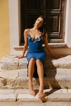 Robe En Chiffon À Fleurs Brodées - Bleu