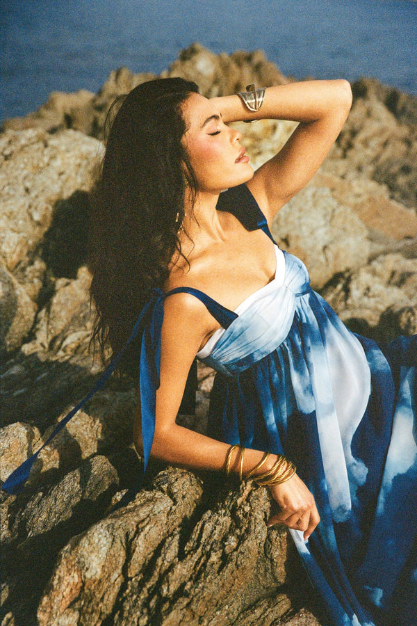 Robe En Chiffon À Imprimé Et À Plis - Bleu