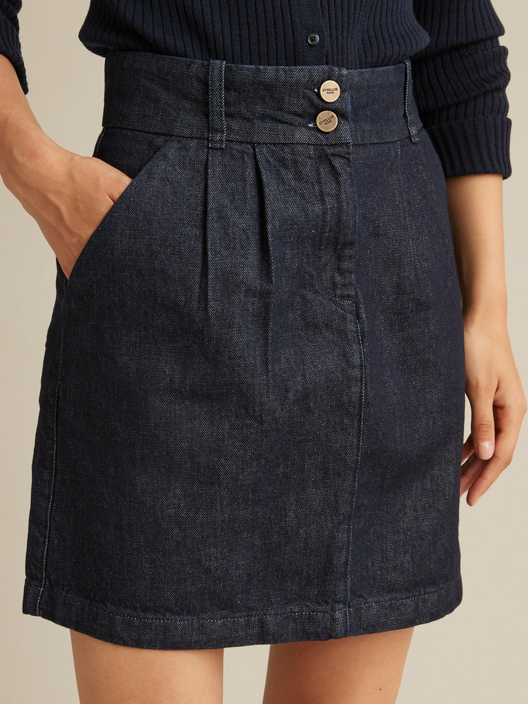 Cyrillus - Jupe Denim Cour - Bleu Fonce Uni - Femme