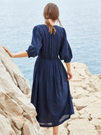 Cyrillus - Robe Unie M3/4 - Bleu Fonce Uni - Femme