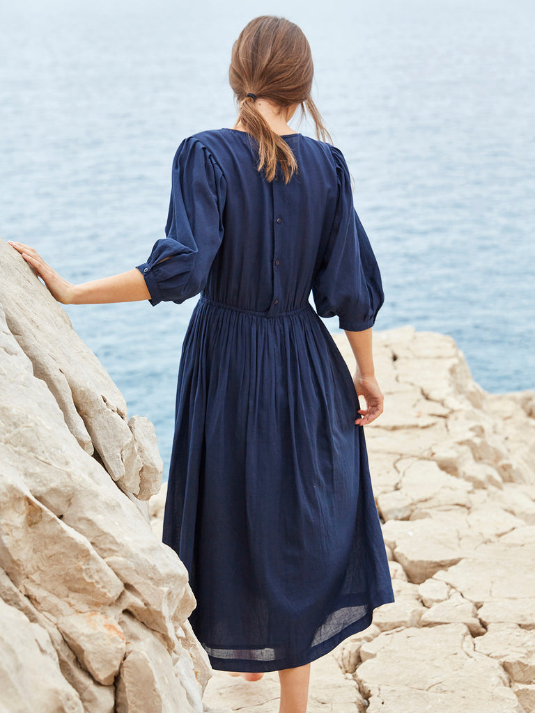 Cyrillus - Robe Unie M3/4 - Bleu Fonce Uni - Femme