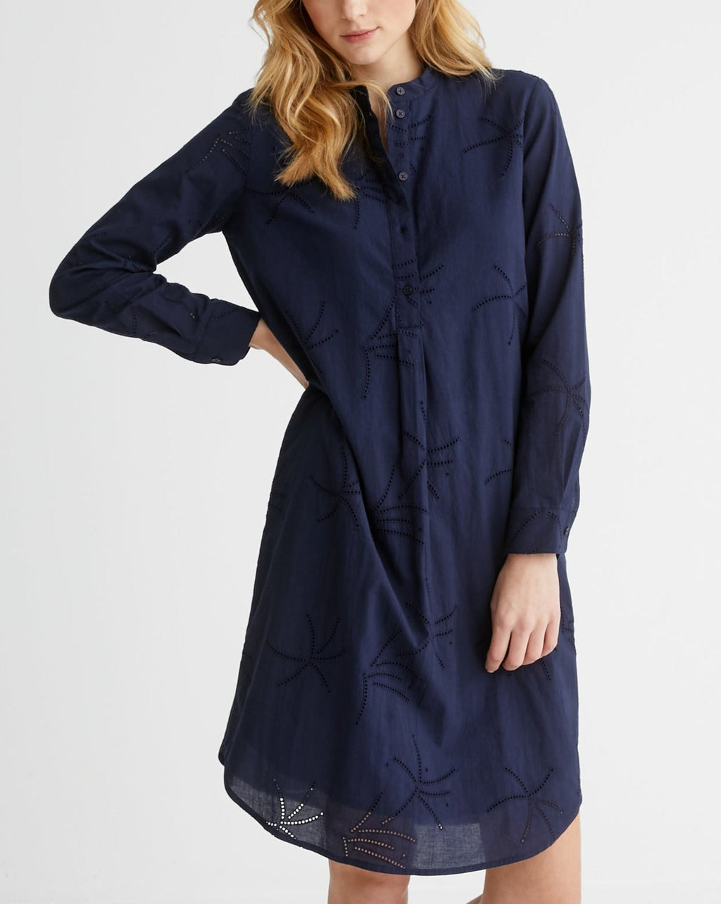 Robe Brod Angl - Bleu Fonce Uni - Femme