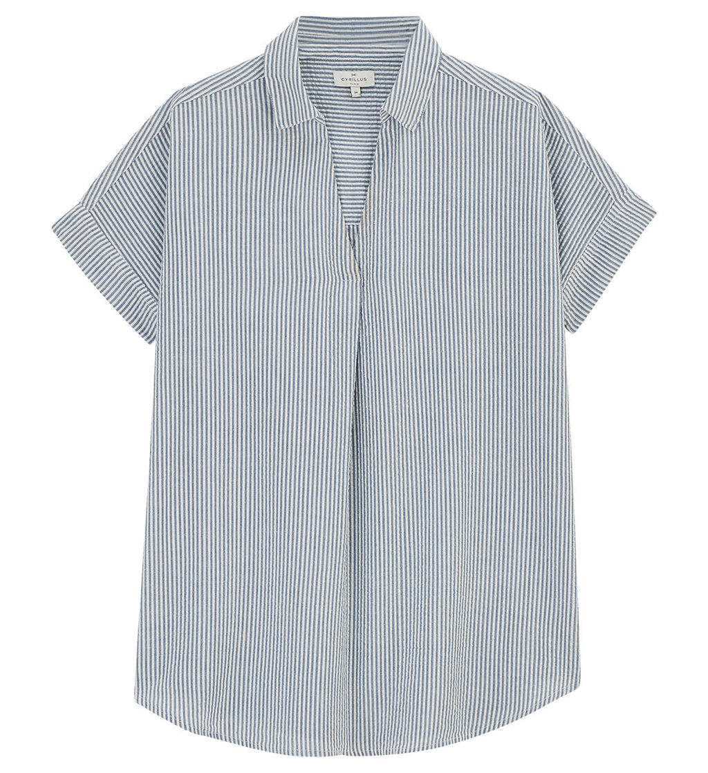 Blouse Vareuse Seersuc - Blanc Clair Raye - Femme