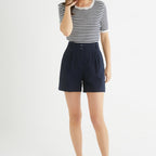 Short Seersucke - Bleu Fonce Uni - Femme