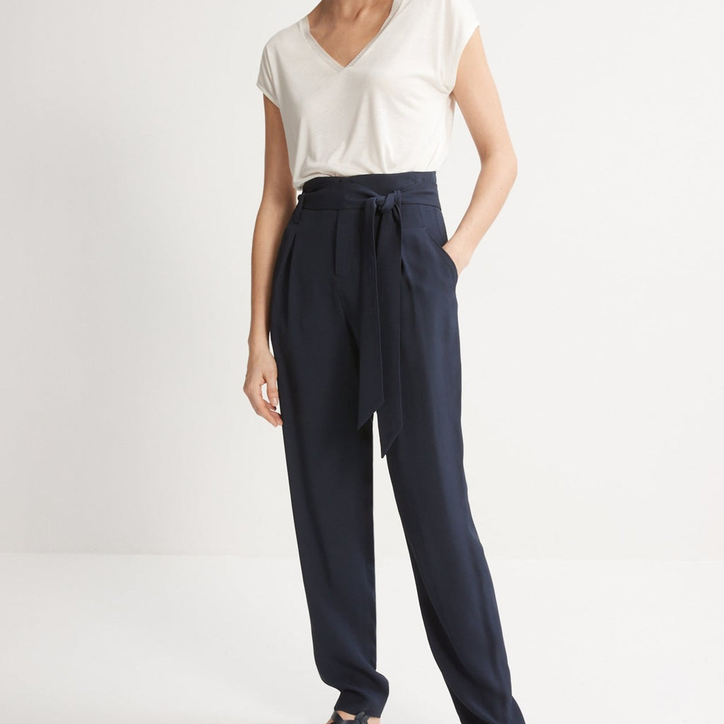 Cyrillus - Pantalon Carotte Ceint - Bleu Fonce Uni - Femme