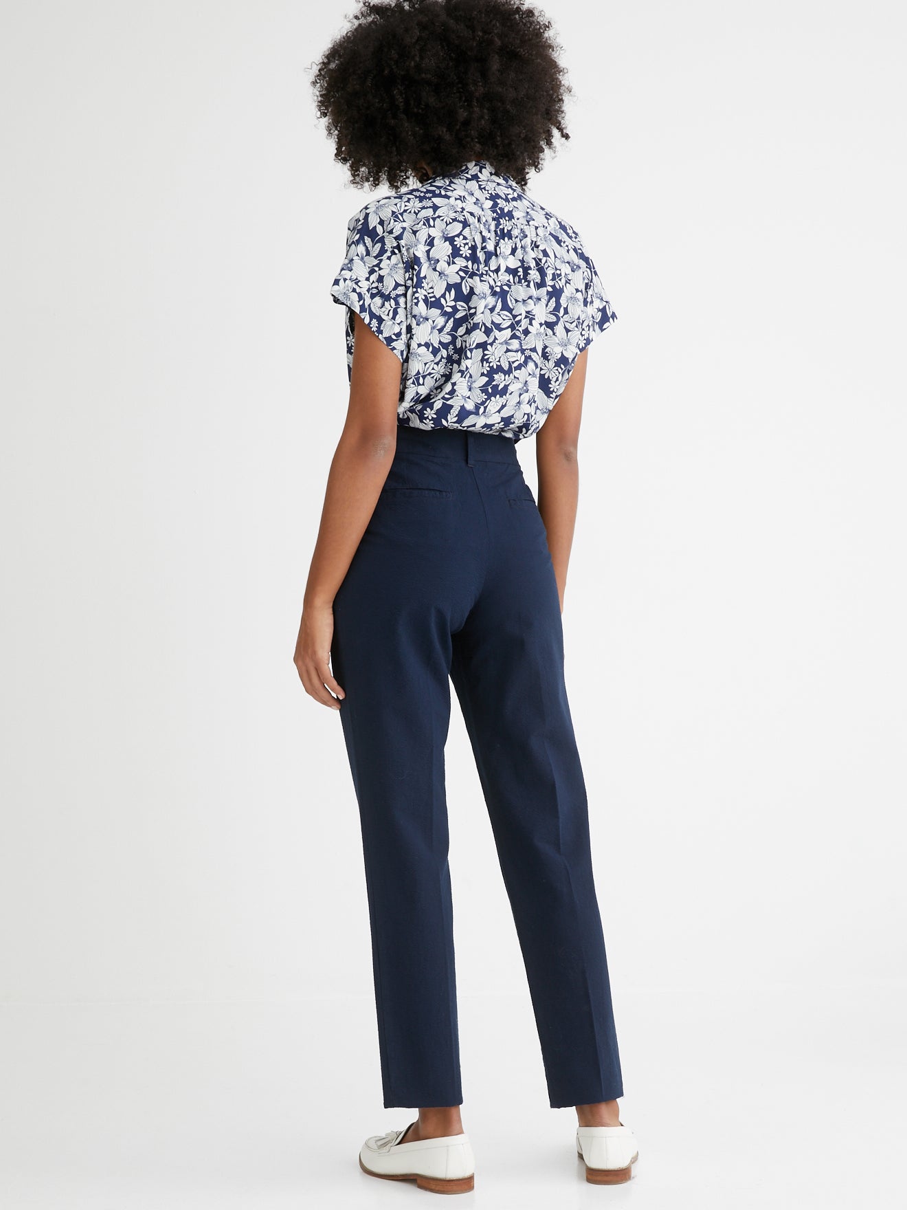Pantalon Seersucker - Bleu Fonce Uni - Femme