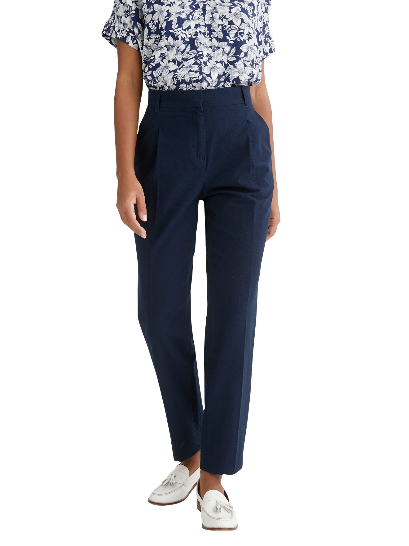 Pantalon Seersucker - Bleu Fonce Uni - Femme
