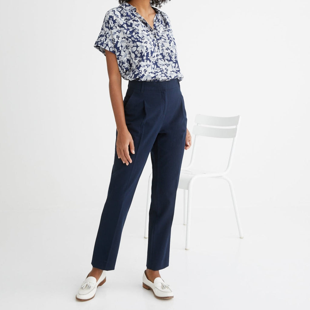 Pantalon Seersucker - Bleu Fonce Uni - Femme