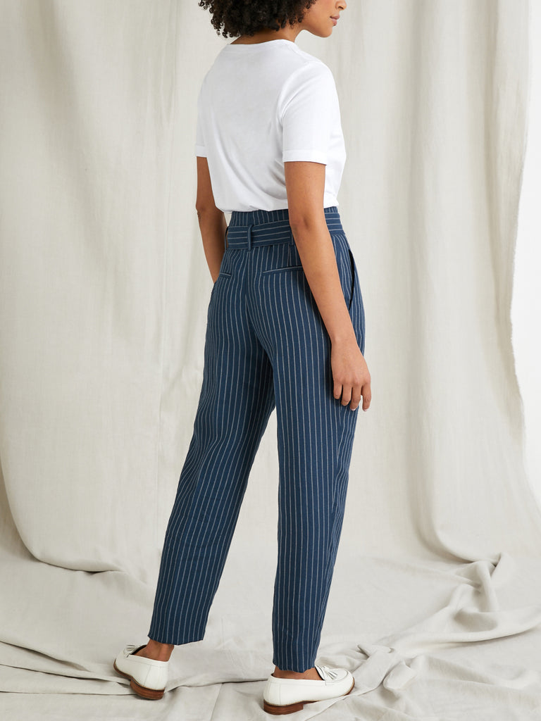 Cyrillus - Pantalon Lin Raye B - Bleu Fonce Raye - Femme