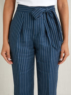 Cyrillus - Pantalon Lin Raye B - Bleu Fonce Raye - Femme