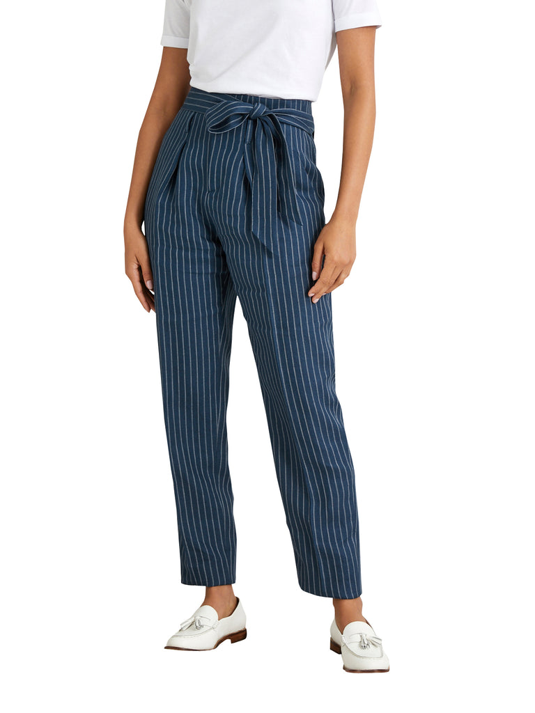 Cyrillus - Pantalon Lin Raye B - Bleu Fonce Raye - Femme