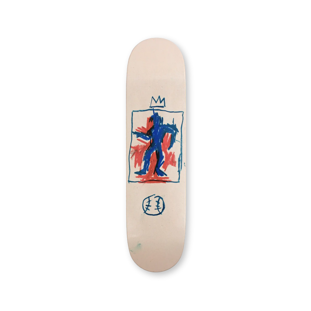 Jean-Michel Basquiat’s King of Baseball on a solo skateboard deck — featuring a crowned figure with expressive line work and color.