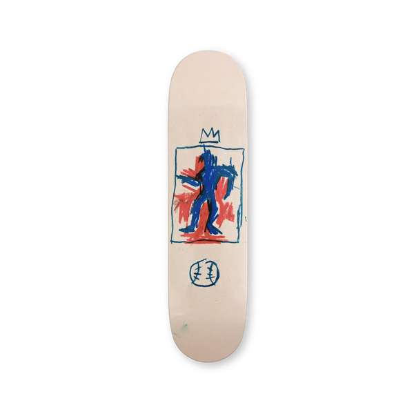 Jean-Michel Basquiat’s King of Baseball on a solo skateboard deck — featuring a crowned figure with expressive line work and color.