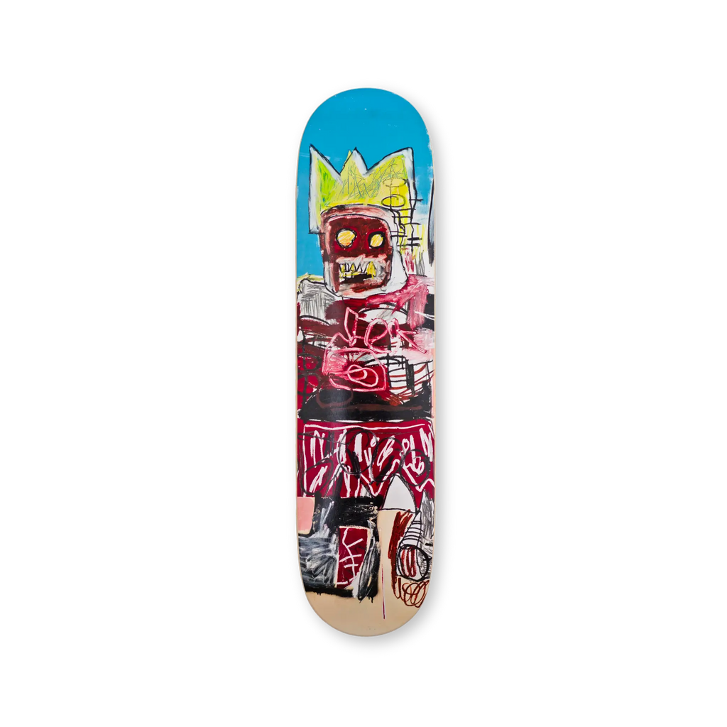 Solo skate deck with Jean-Michel Basquiat’s Untitled, 1981 — bold black and red markings on a light wood grain background.