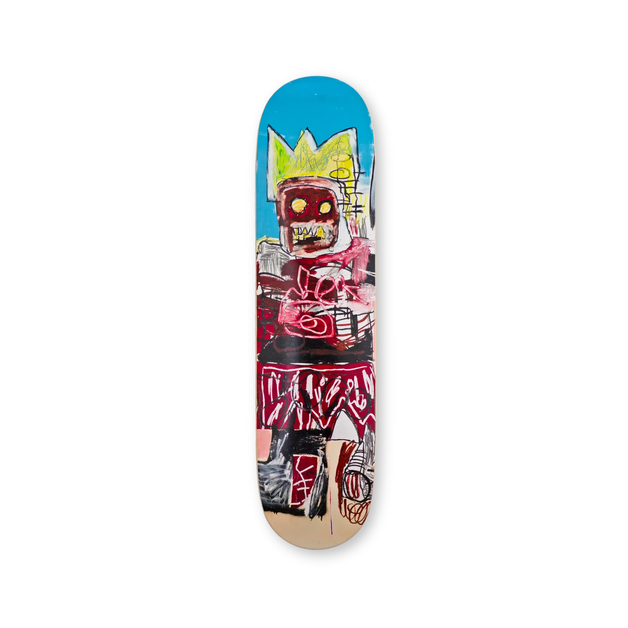 Solo skate deck with Jean-Michel Basquiat’s Untitled, 1981 — bold black and red markings on a light wood grain background.