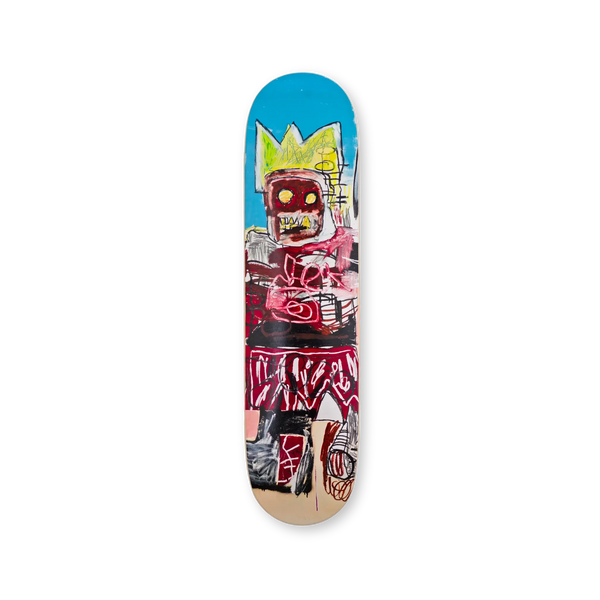 Solo skate deck with Jean-Michel Basquiat’s Untitled, 1981 — bold black and red markings on a light wood grain background.