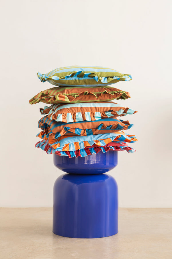 Coussin À Volants En Velours - Marron Et Bleu