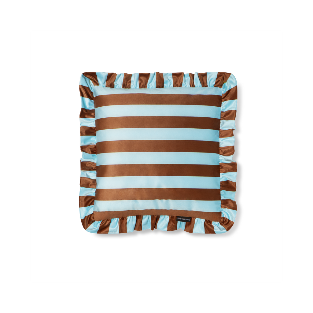 Coussin À Volants En Velours - Marron Et Bleu