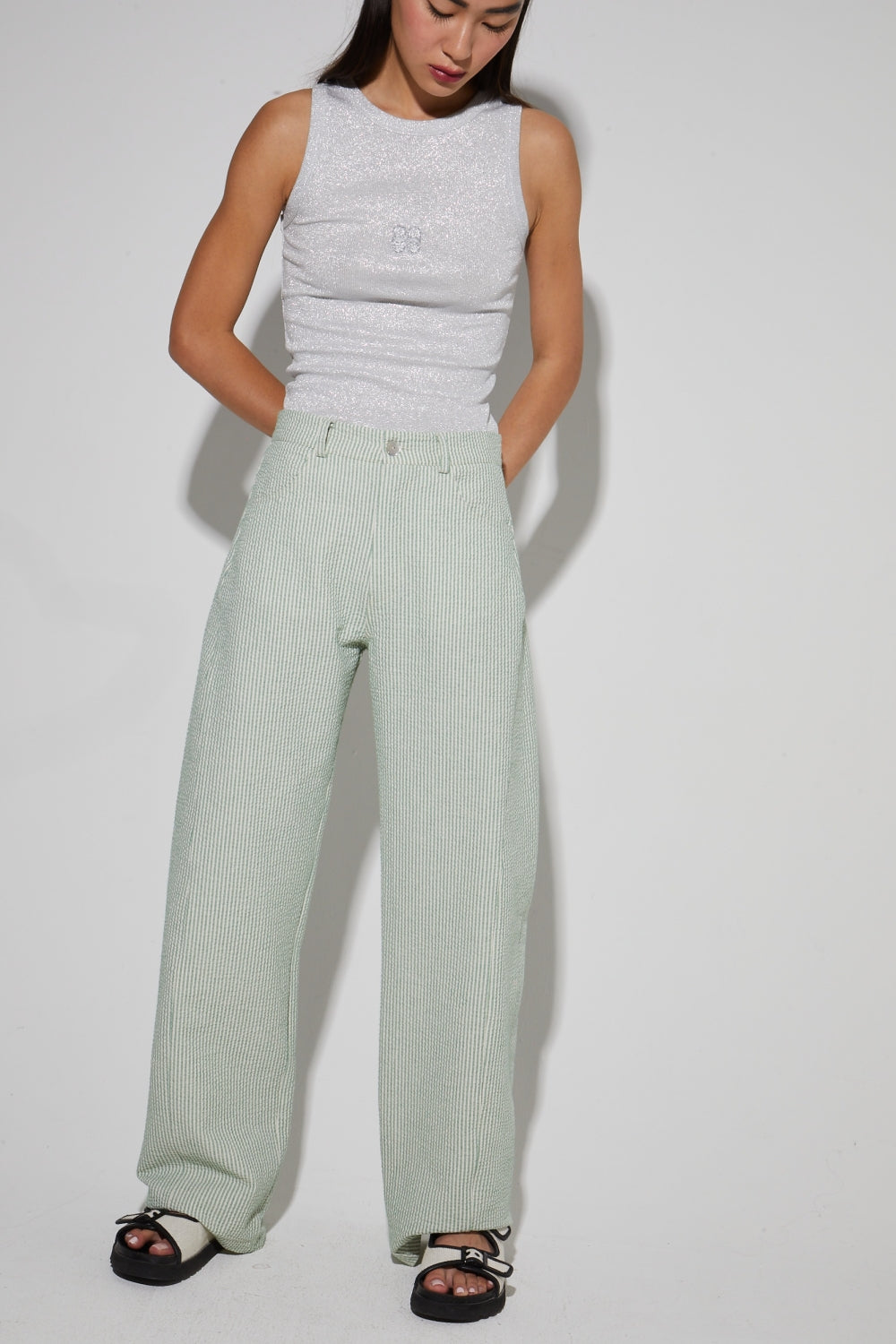 Pantalon Malou, Rayures Gaufrées Vertes Fabriqué En Italie