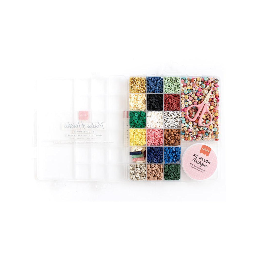 Maxi Boite - 16 Couleurs De Perles Heishi Nature Et Accessoires + Perles Lettres, Ciseaux Et Fil Élastique