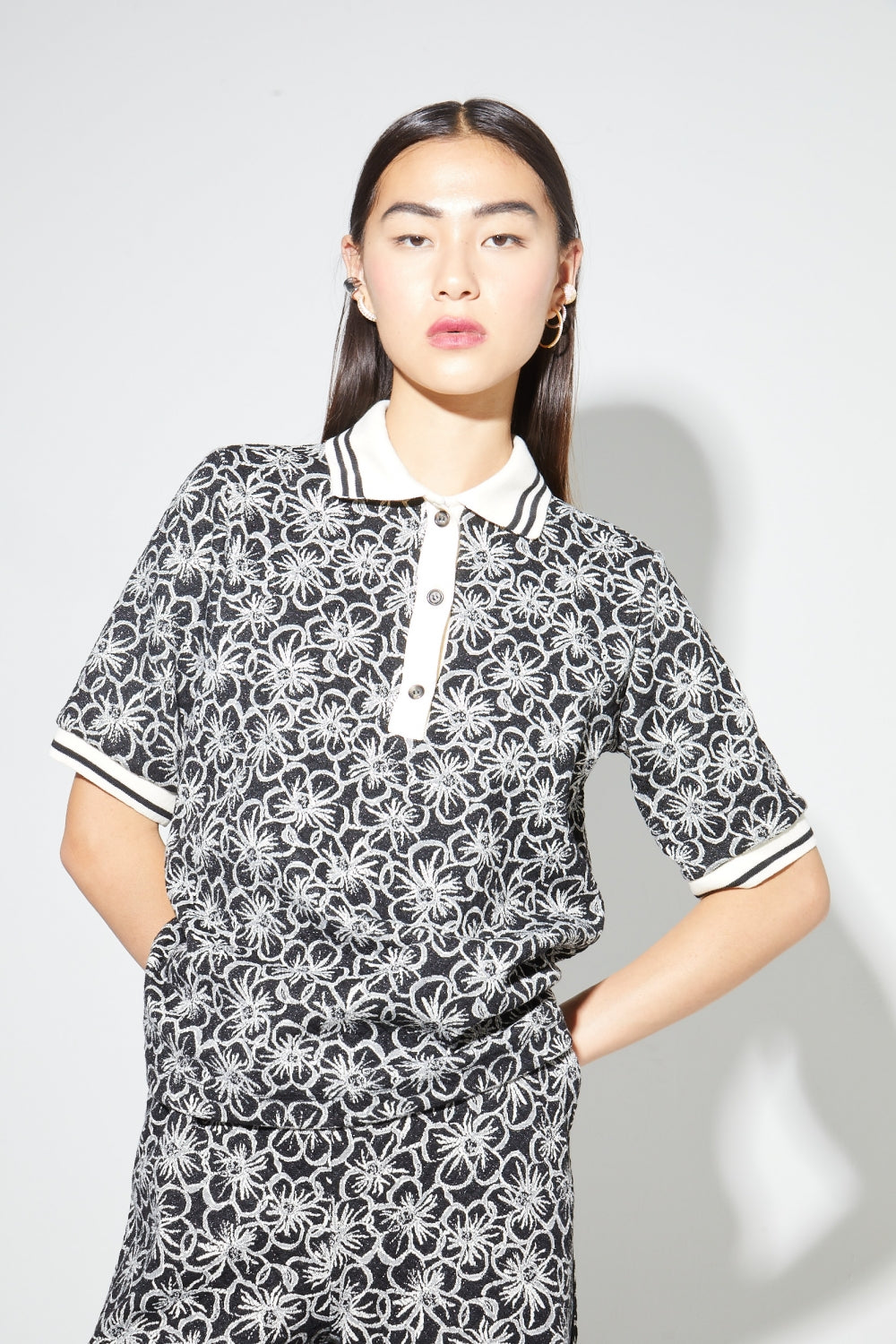 Polo Panama Flower Black, Fabriqué En Italie