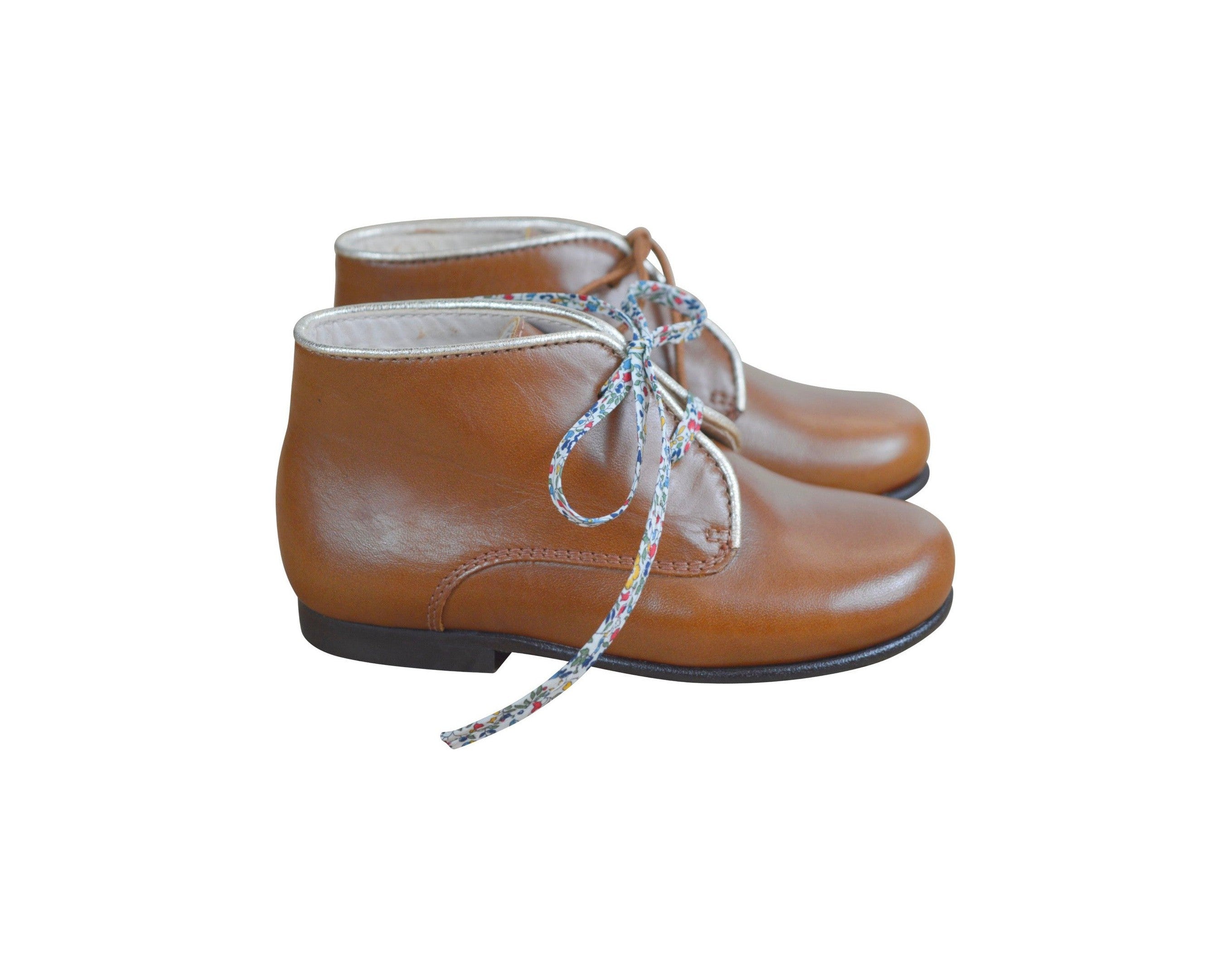 Chaussures Bottillons Bottines Fille À Lacets Arthurius - Cuir Camel Liseré Or Doux - Fille