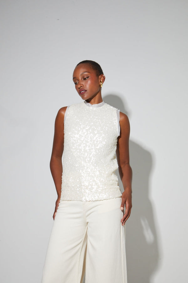 Top Foxy En Sequins Blanc, Fabriqué En Italie