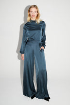 Pantalon Charlie Satin Viscose Bleu Atlantique Fabriqué En Italie