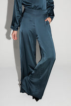 Pantalon Charlie Satin Viscose Bleu Atlantique Fabriqué En Italie
