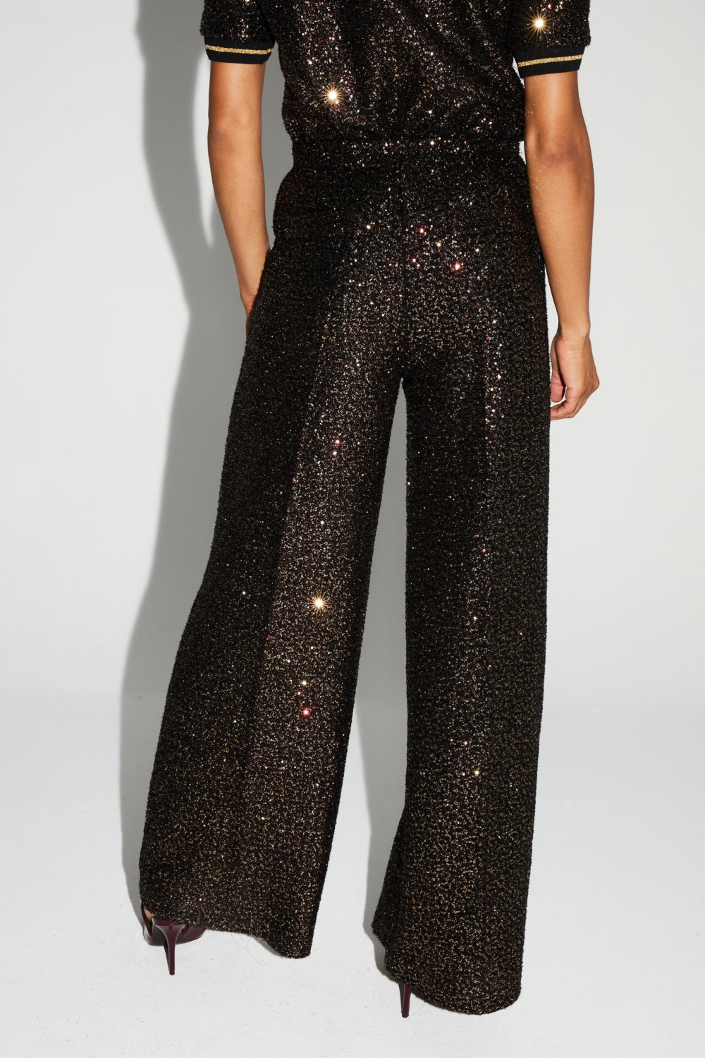 Pantalon Charlie Paillettes Bordeaux Et Or Fabriqué En Italie