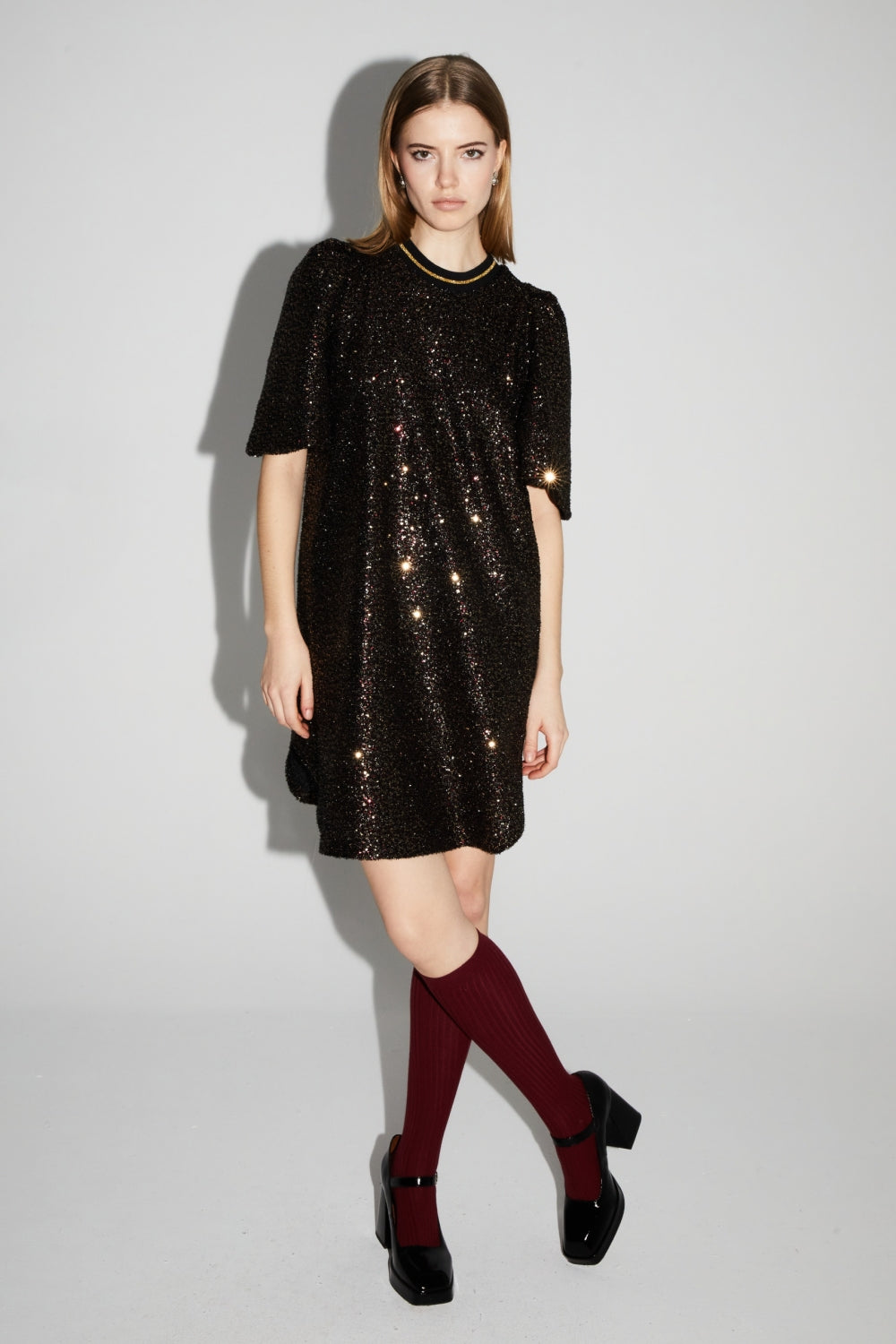 Robe Alix Paillettes Bordeaux Et Or, Fabriquée En Italie