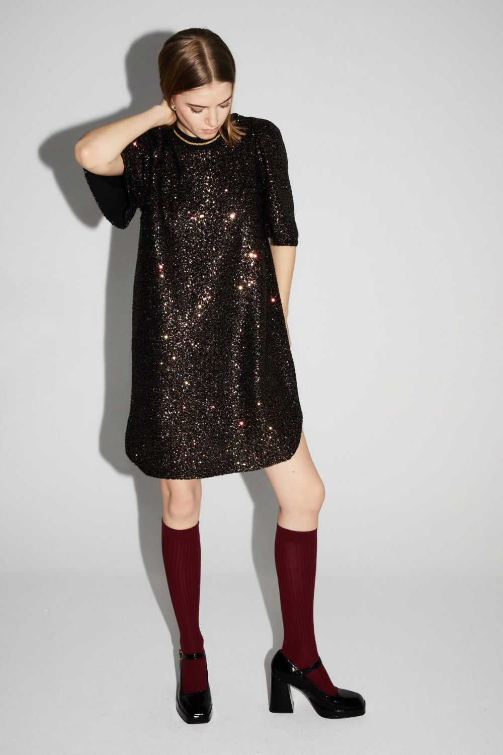 Robe Alix Paillettes Bordeaux Et Or, Fabriquée En Italie
