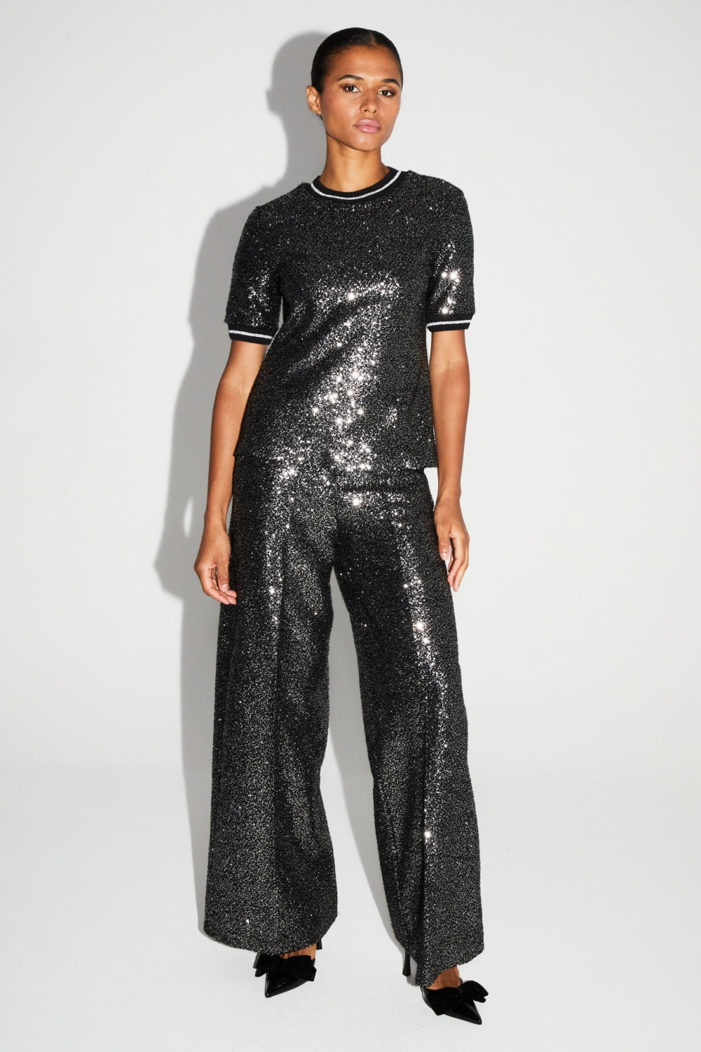 Pantalon Charlie Paillettes Noir Et Argent Fabriqué En Italie