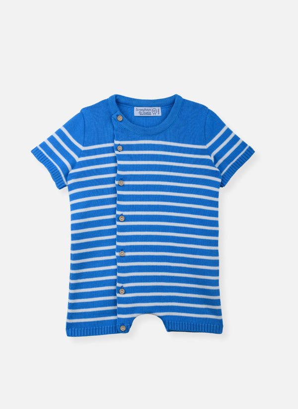 Combishort En Coton Bio - Bleu/Écru