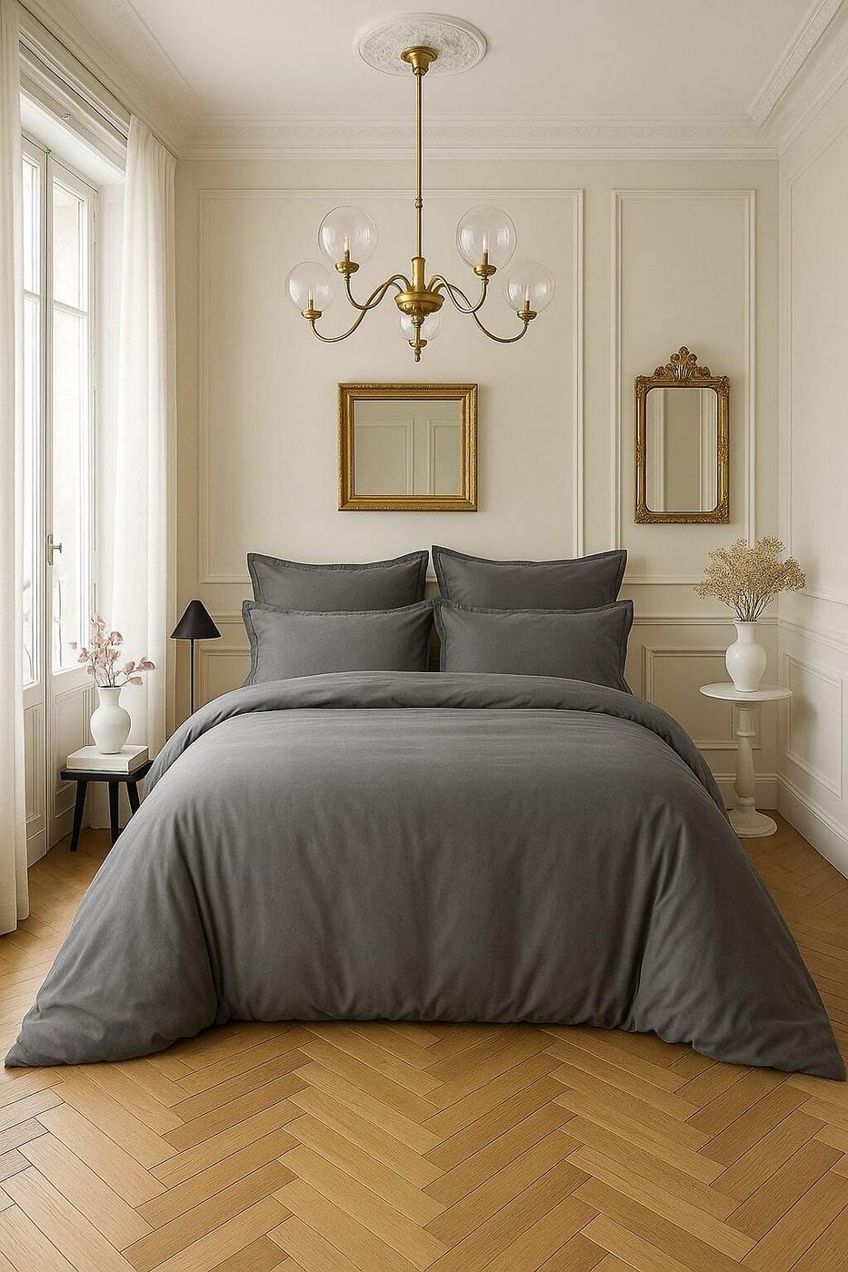Housse De Couette - 100% Satin De Coton Lavé - 105 Fils - Gris Foncé