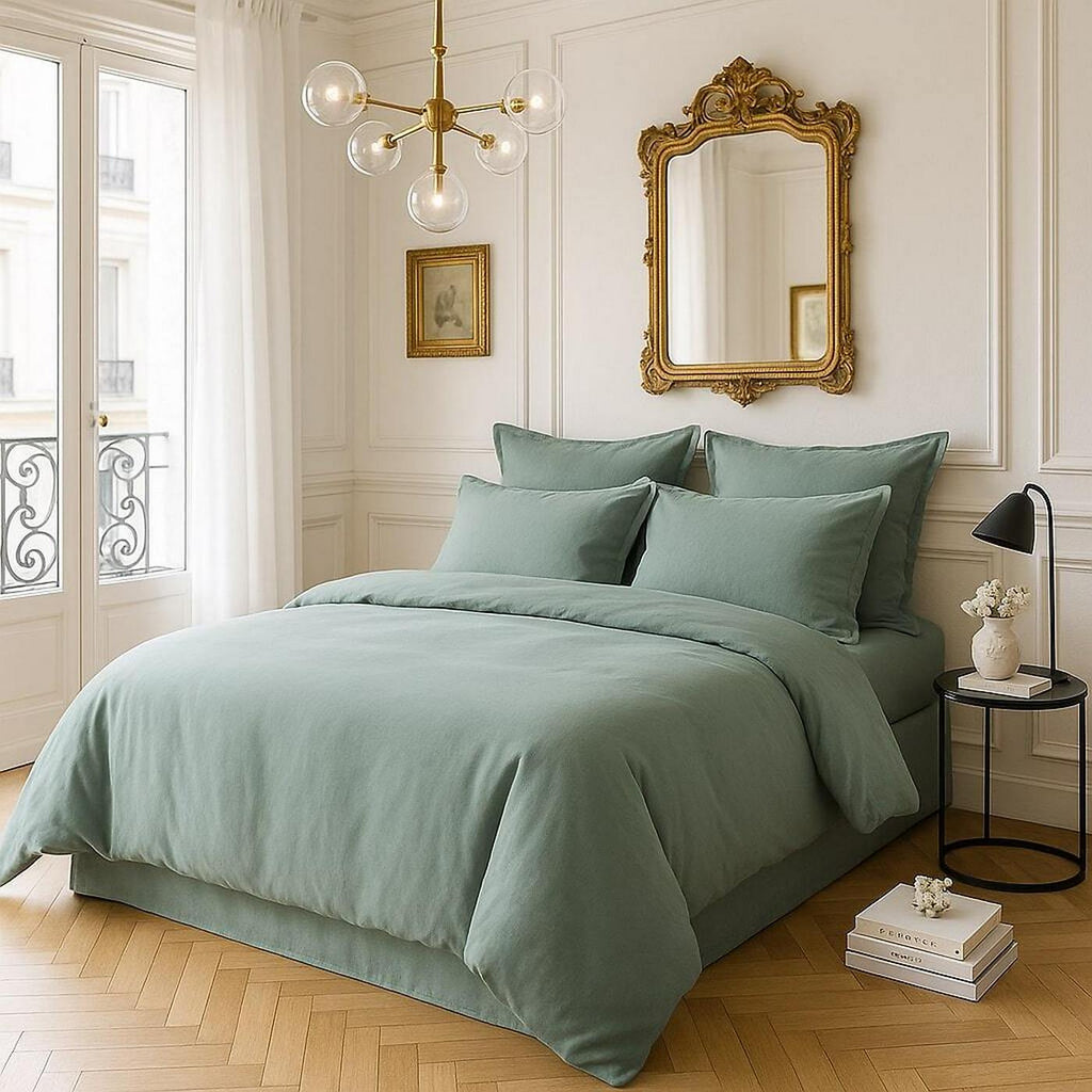 Housse De Couette - 100% Satin De Coton Lavé - 105 Fils - Céladon