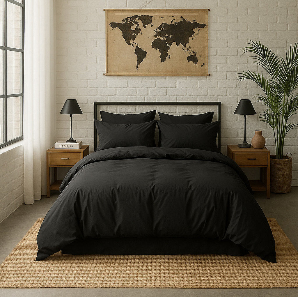 Drap Housse - 100% Percale De Coton Lavé 80 Fils - Noir Minuit