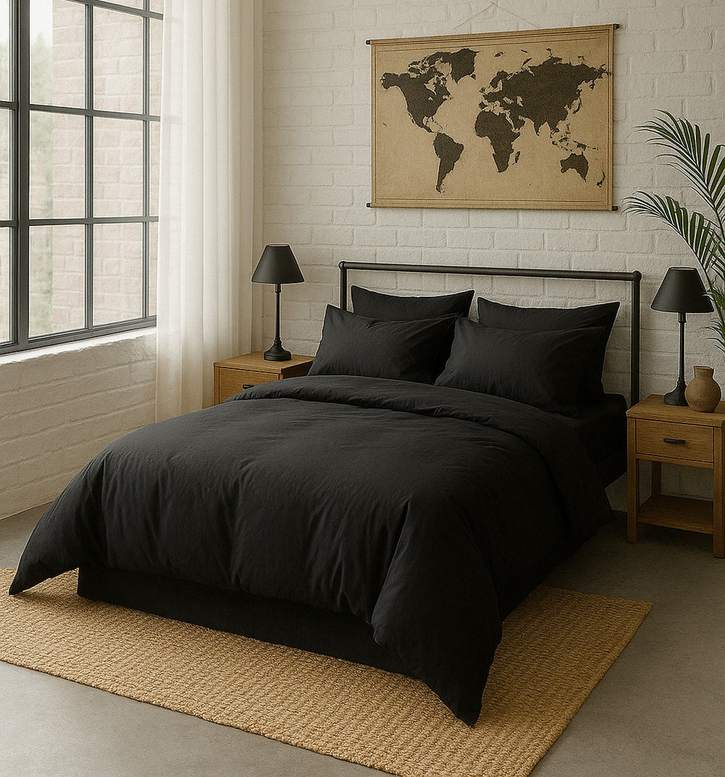 Drap Housse - 100% Percale De Coton Lavé 80 Fils - Noir Minuit