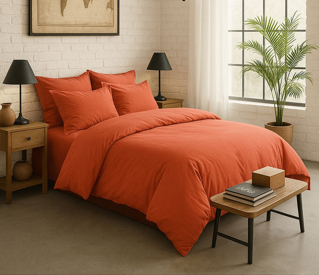 Drap Housse Uni - 100% Percale De Coton Lavé - 80 Fils/Cm²- Finition Bonnet 30Cm- Terre De Sienne