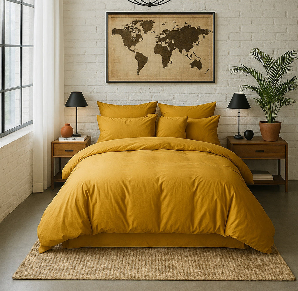 Housse De Couette - 100% Percale De Coton Lavé - 80 Fils/Cm²- Finition Bouteille 40Cm- Jaune Moutarde