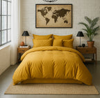 Housse De Couette - 100% Percale De Coton Lavé - 80 Fils/Cm²- Finition Bouteille 40Cm- Jaune Moutarde