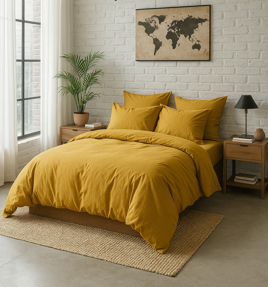 Housse De Couette - 100% Percale De Coton Lavé - 80 Fils/Cm²- Finition Bouteille 40Cm- Jaune Moutarde