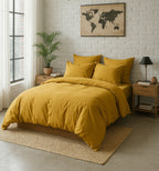 Housse De Couette - 100% Percale De Coton Lavé - 80 Fils/Cm²- Finition Bouteille 40Cm- Jaune Moutarde