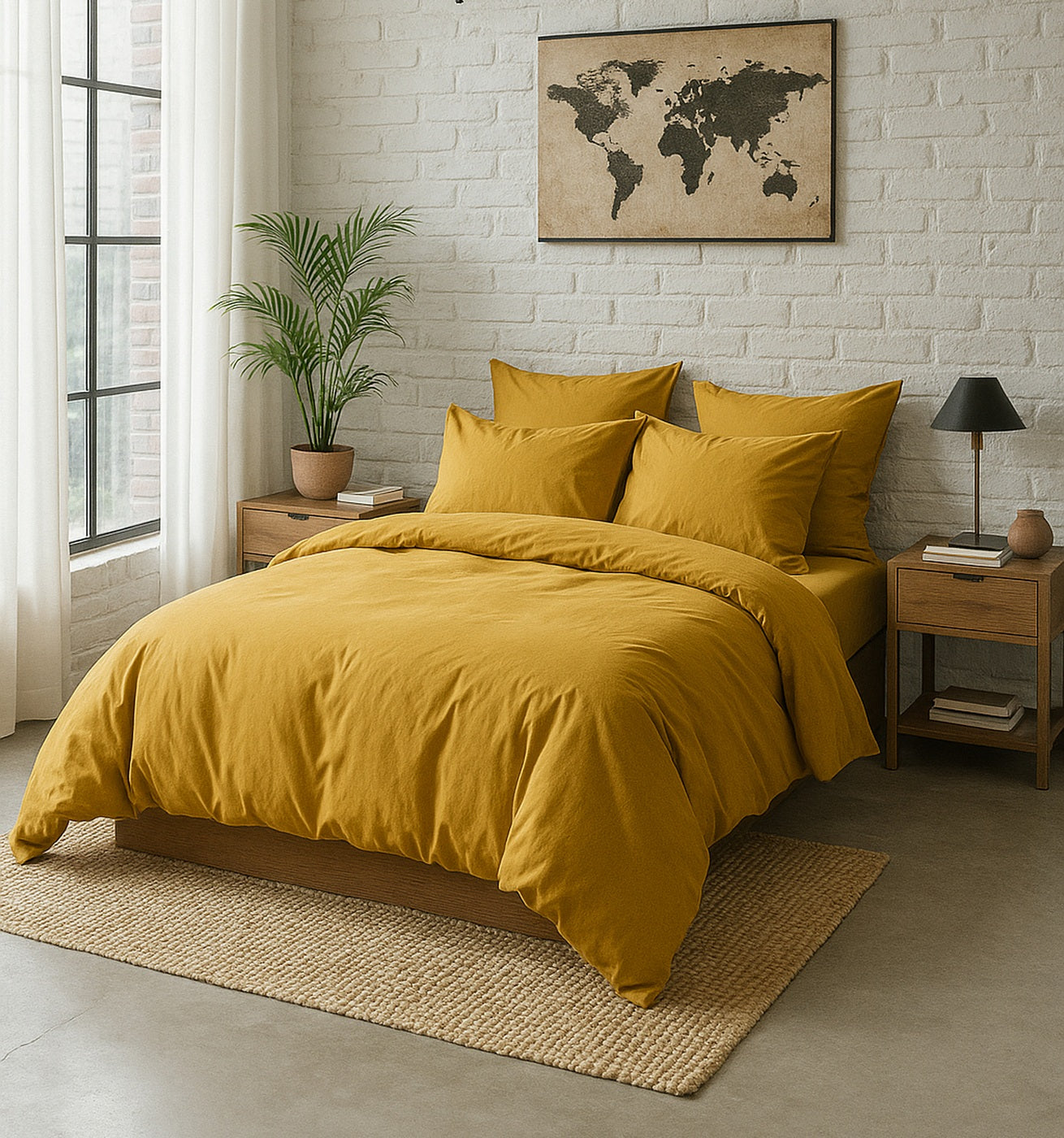 Housse De Couette - 100% Percale De Coton Lavé - 80 Fils/Cm²- Finition Bouteille 40Cm- Jaune Moutarde