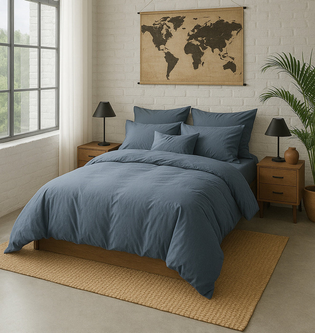 Drap Housse Uni - 100% Percale De Coton Lavé - 80 Fils/Cm²- Finition Bonnet 30Cm- Bleu Forever