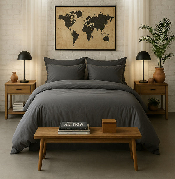 Housse De Couette - 100% Percale De Coton Lavé - 80 Fils/Cm²- Finition Bouteille 40Cm- Gris Magnet
