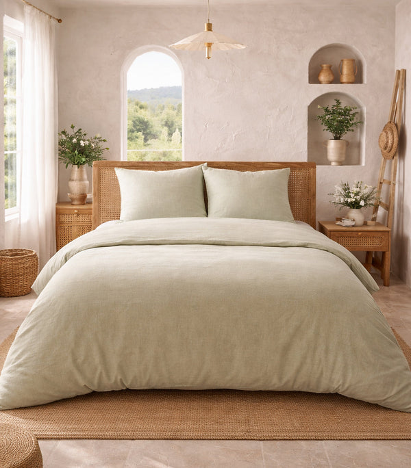 Parure Housse De Couette Taj Uni Naturel - 100% Coton Lavé - Naturel