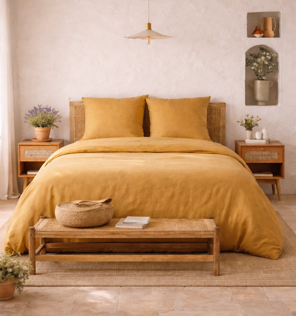 Parure Housse De Couette Taj Camel - 100% Coton Lavé - Camel