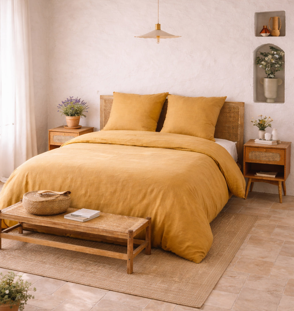 Parure Housse De Couette Taj Camel - 100% Coton Lavé - Camel