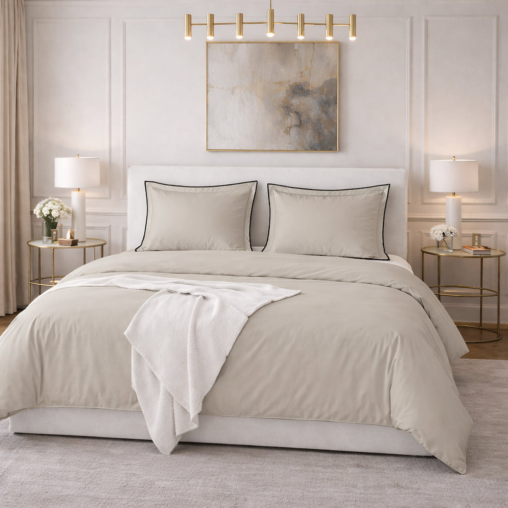 Parure Housse De Couette Talie Uni Beige - 100% Satin De Coton 120Fils - Beige